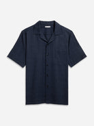 Navy Rockaway Linen Cotton Shirt Mens Camp Collar Linen Shirt Chest Pocket Short Sleeve Tee