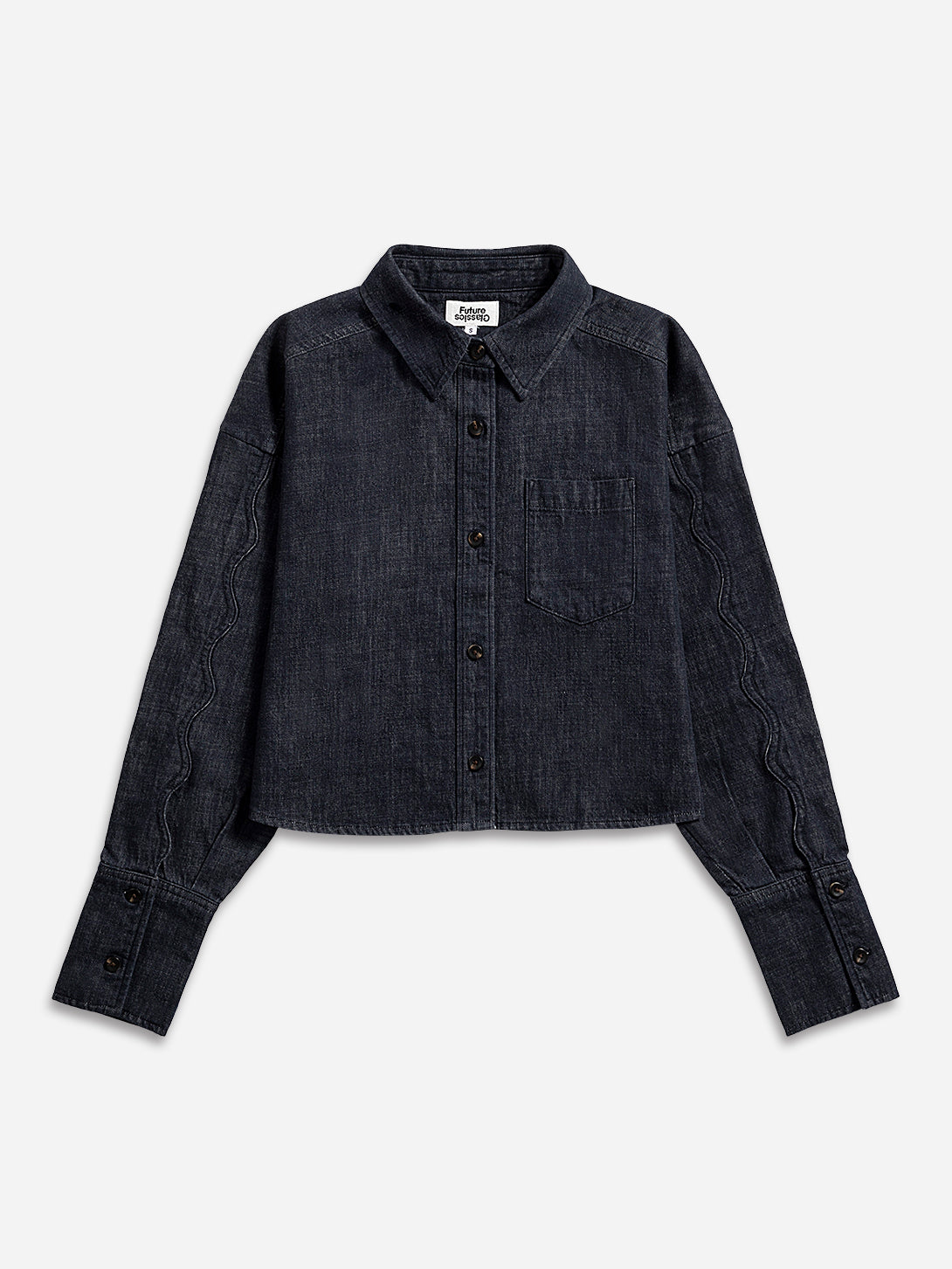 Dk Indigo Motif Sleeve Denim Shirt Womens Cropped Button Up Denim Shirt Long Sleeve Casual Collared Denim Shirt 