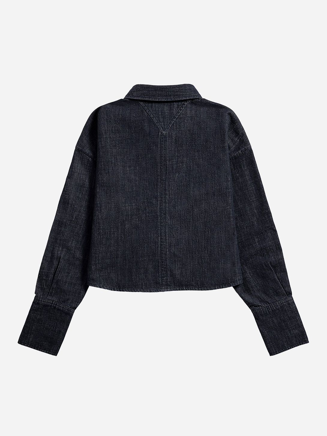 Dk Indigo Motif Sleeve Denim Shirt Womens Cropped Button Up Denim Shirt Long Sleeve Casual Collared Denim Shirt 