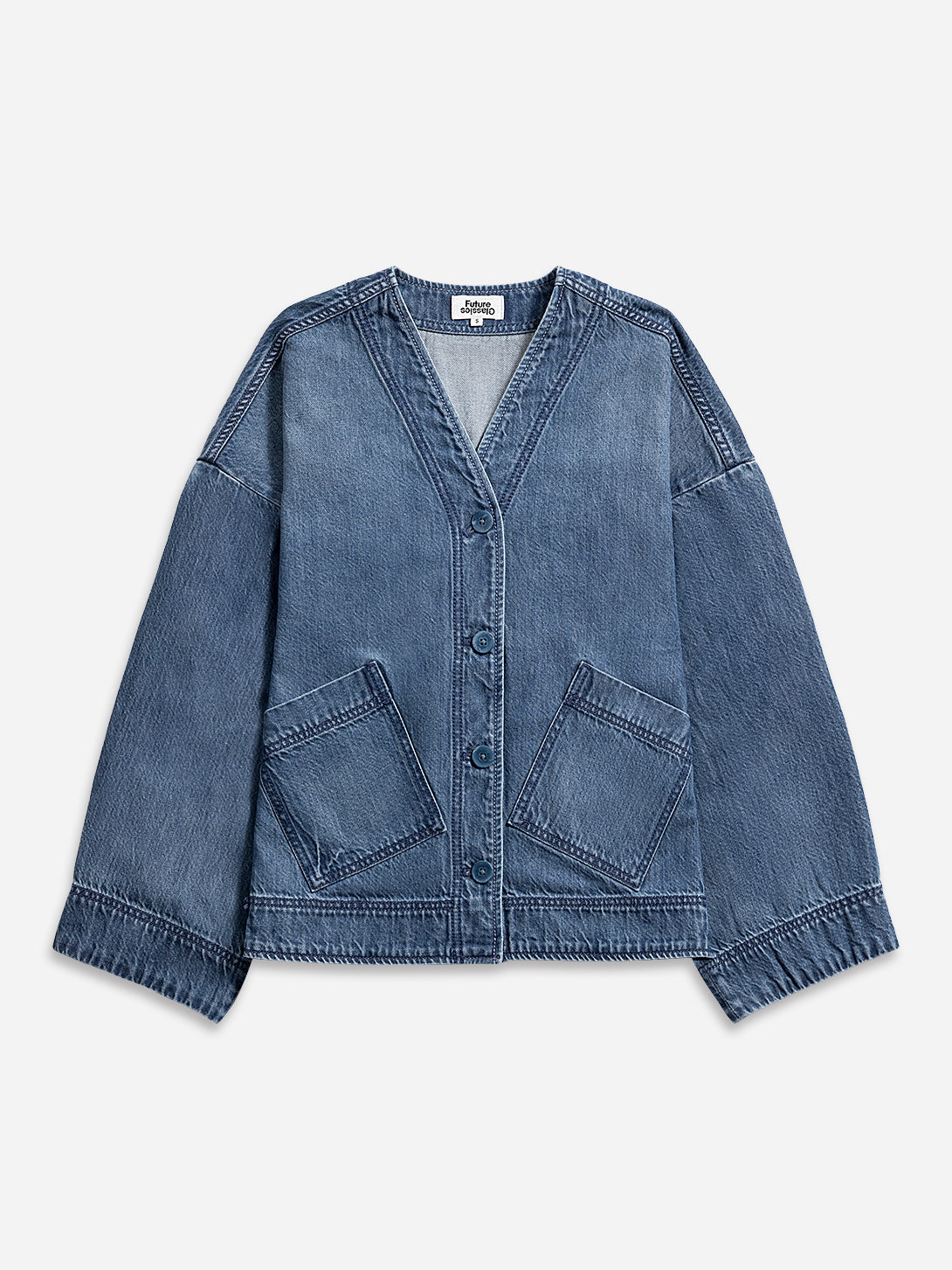 Mid Indigo Motif Sleeve Denim Jacket Womens Denim Lightweight Outerwear Denim Jacket V Neck Denim 