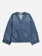 Mid Indigo Motif Sleeve Denim Jacket Womens Denim Lightweight Outerwear Denim Jacket V Neck Denim 