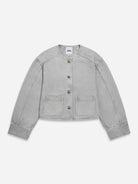 Horizon Blue Womens Crewneck Denim Jacket Button Closure Denim Outerwear Grey Denim Jacket 