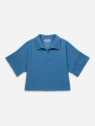 Brilliant Blue Textured Relax Polo Womens Short Sleeve Knitted Polo Collared Polo Shirt 