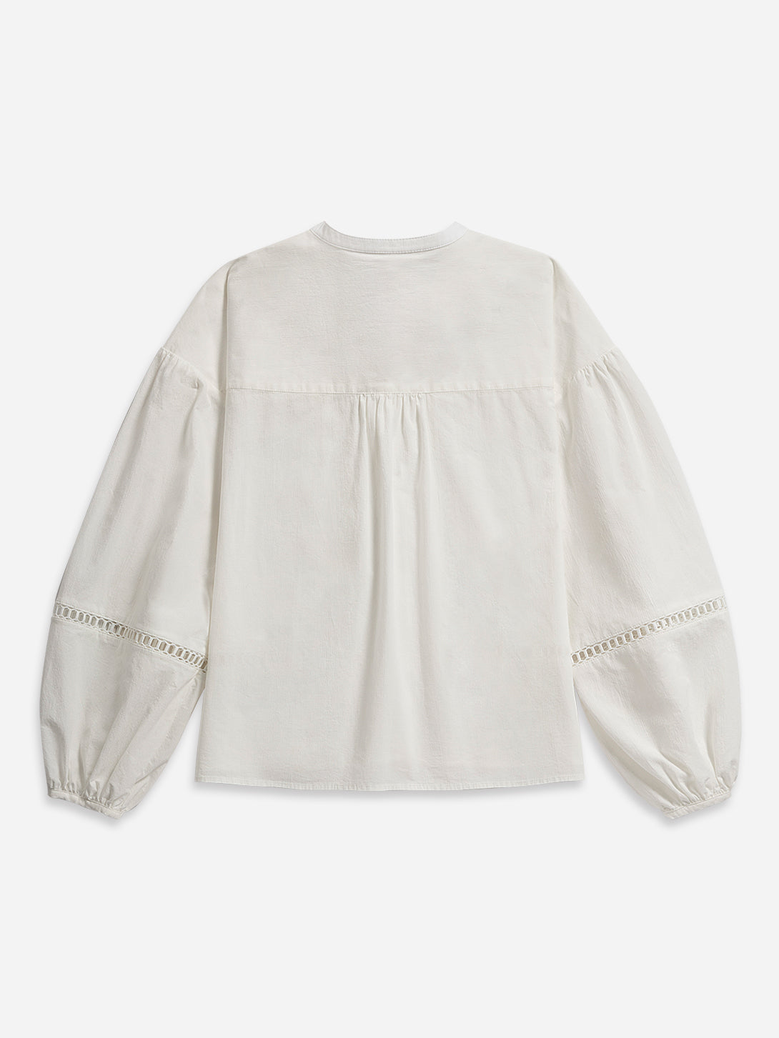 Pure White Band Collar Stencils Shirt Womens Relaxed Fit Band Collar Woven Button Up Shirt 