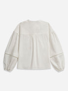 Pure White Band Collar Stencils Shirt Womens Relaxed Fit Band Collar Woven Button Up Shirt 