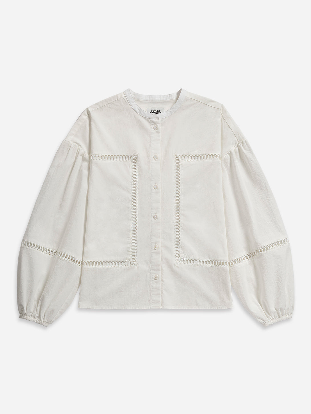 Pure White Band Collar Stencils Shirt Womens Relaxed Fit Band Collar Woven Button Up Shirt 