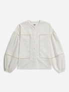 Pure White Band Collar Stencils Shirt Womens Relaxed Fit Band Collar Woven Button Up Shirt 