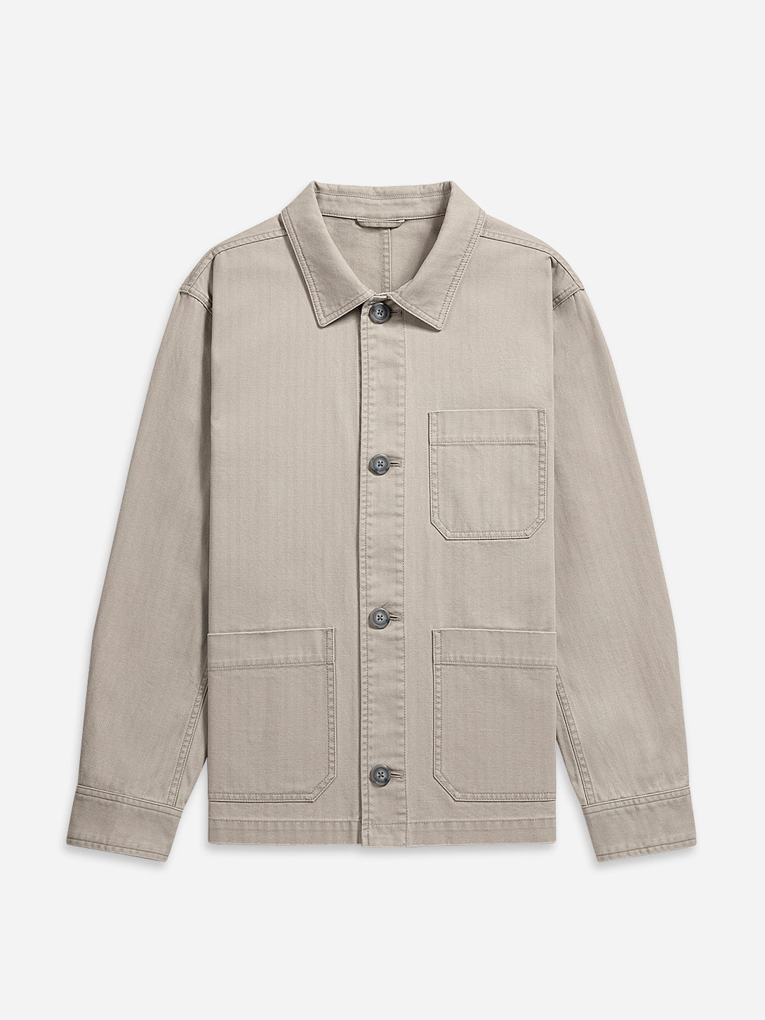 Grey Remi Herringbone Cotton Jacket Mens Button Up Chore Jacket Mens Collared Layering Jacket 