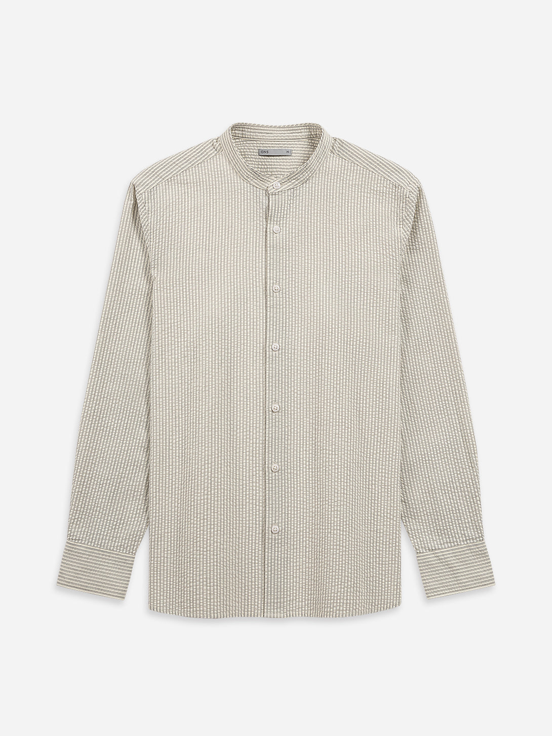 Off White/Grey Stripe Aleks Seersucker Stripe Shirt Mens Band Collar Seersucker Striped Shirt ONS Clothing