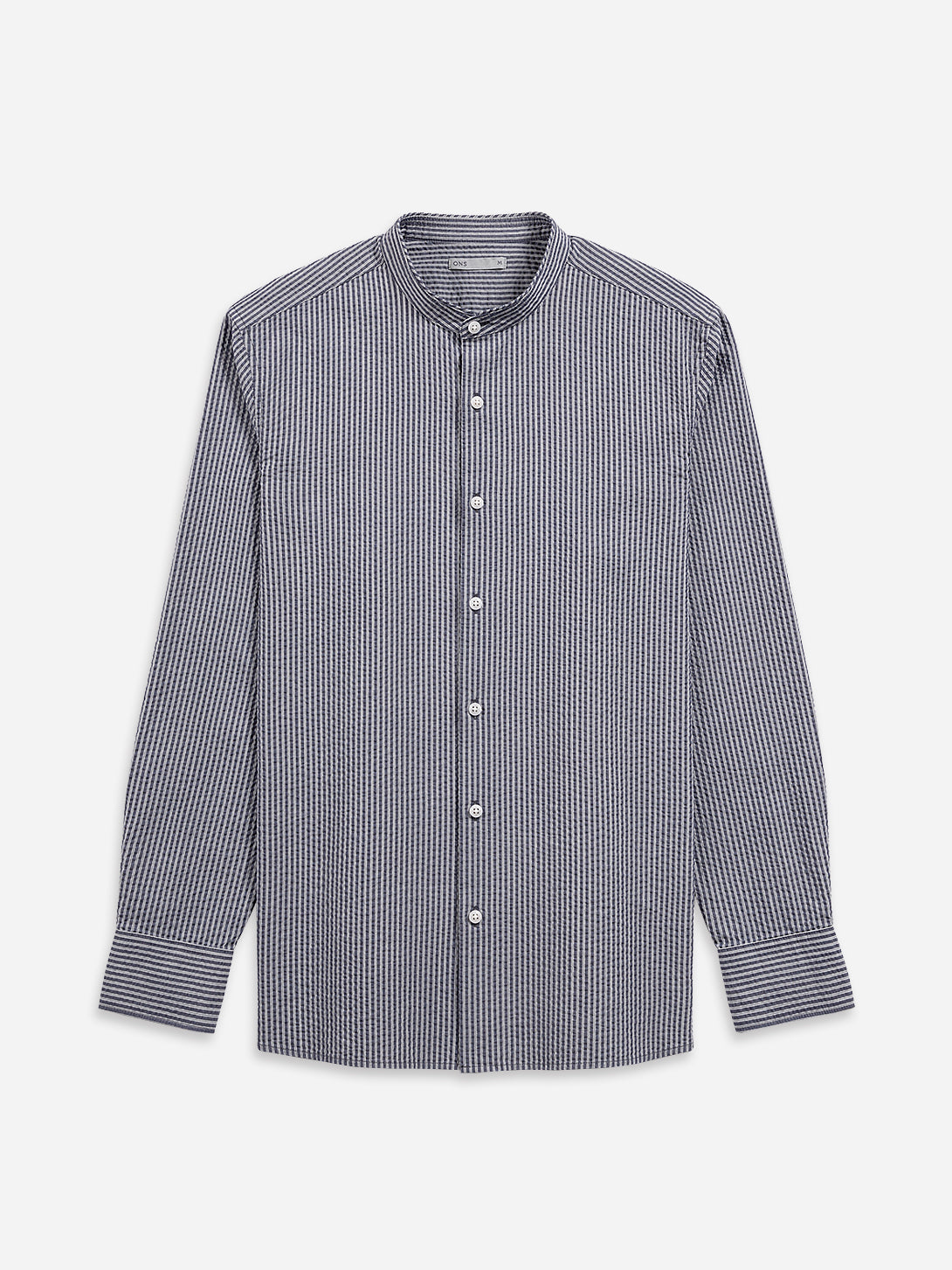 Navy/White Stripe Aleks Seersucker Stripe Shirt Mens Band Collar Seersucker Striped Shirt ONS Clothing