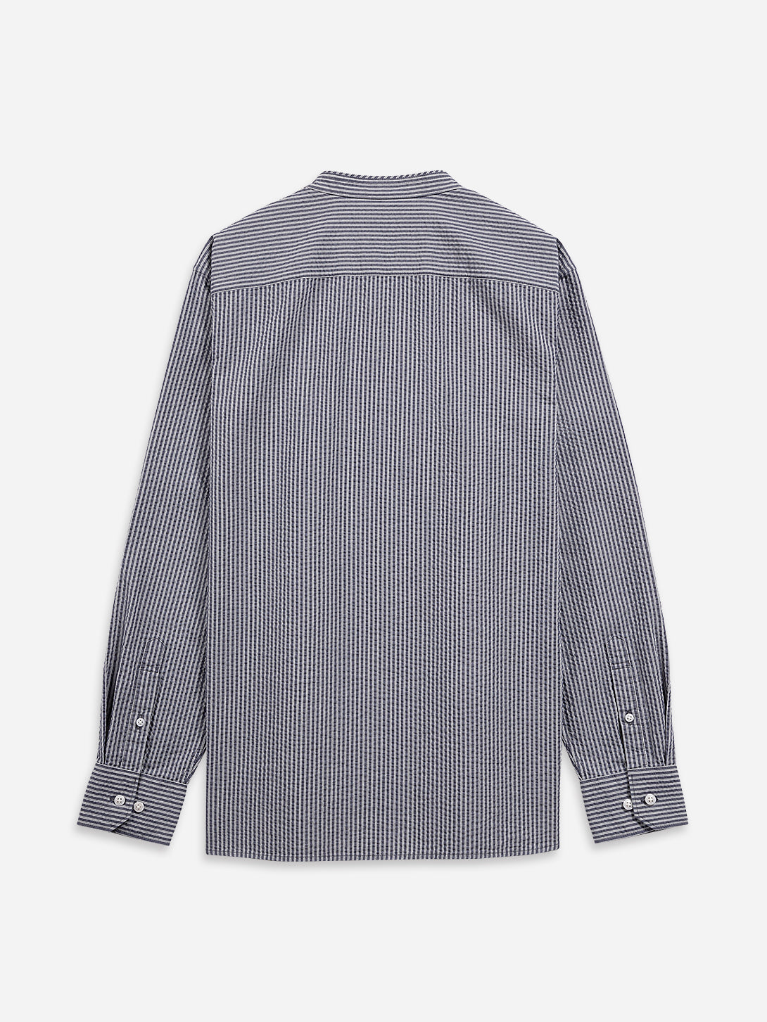Navy/White Stripe Aleks Seersucker Stripe Shirt Mens Band Collar Seersucker Striped Shirt ONS Clothing