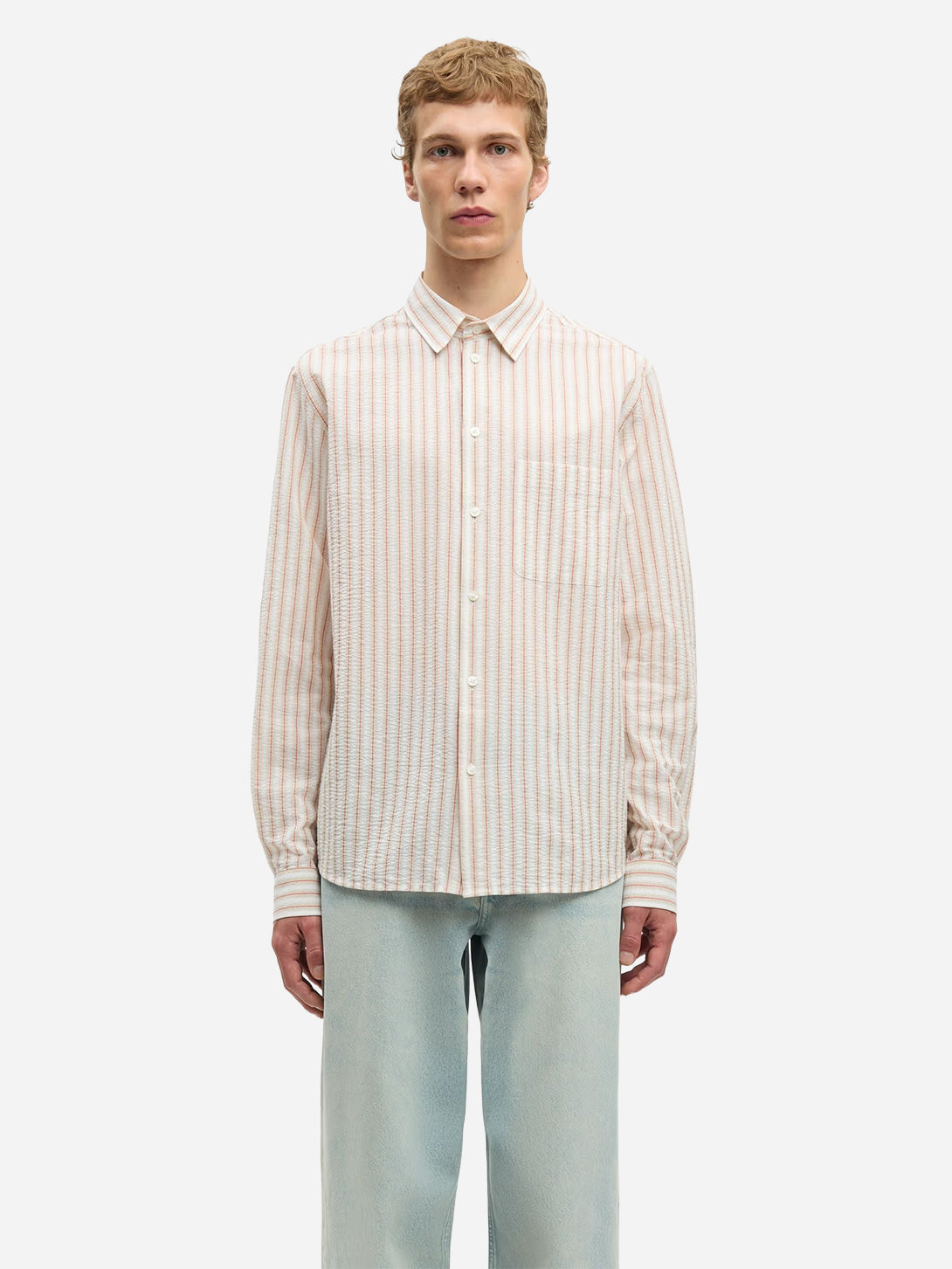 Aurora Red Stripe Saryan J Shirt Mens Button Up Woven Striped Shirt Samsoe Samsoe 