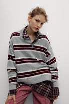 Spin Stripe Spin Woman Polo Womens Knit Striped Polo Long Sleeve The New Society 
