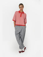 Red/Cream Stripe Polo Knit Womens Short Sleeve Striped Polo Shirt Stella Nova 