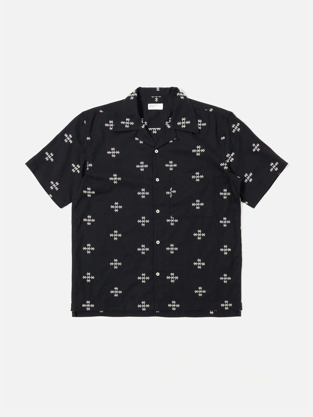 Embroidered Diamond Black Camp Shirt Mens Camp Collar Short Sleeve Button Up Universal Works 