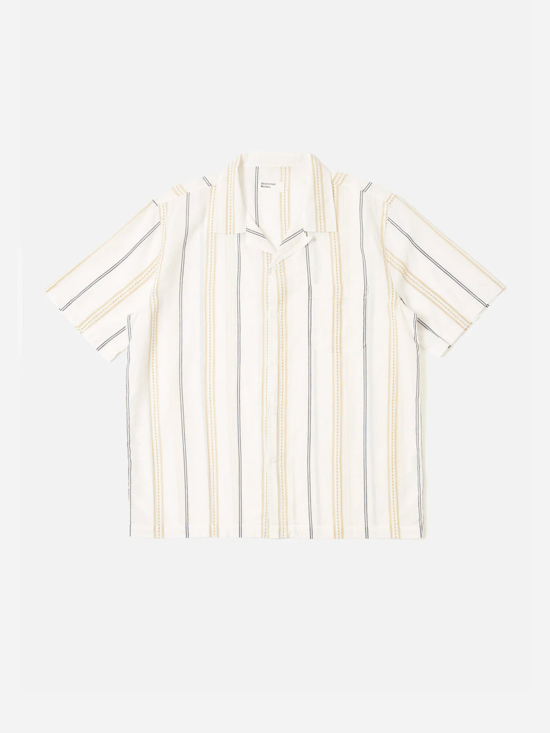 Hendrix Stripe Ecru/Navy/Sand Road Shirt Mens Striped Camp Collar Shirt Universal Works 