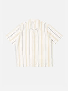 Hendrix Stripe Ecru/Navy/Sand Road Shirt Mens Striped Camp Collar Shirt Universal Works 