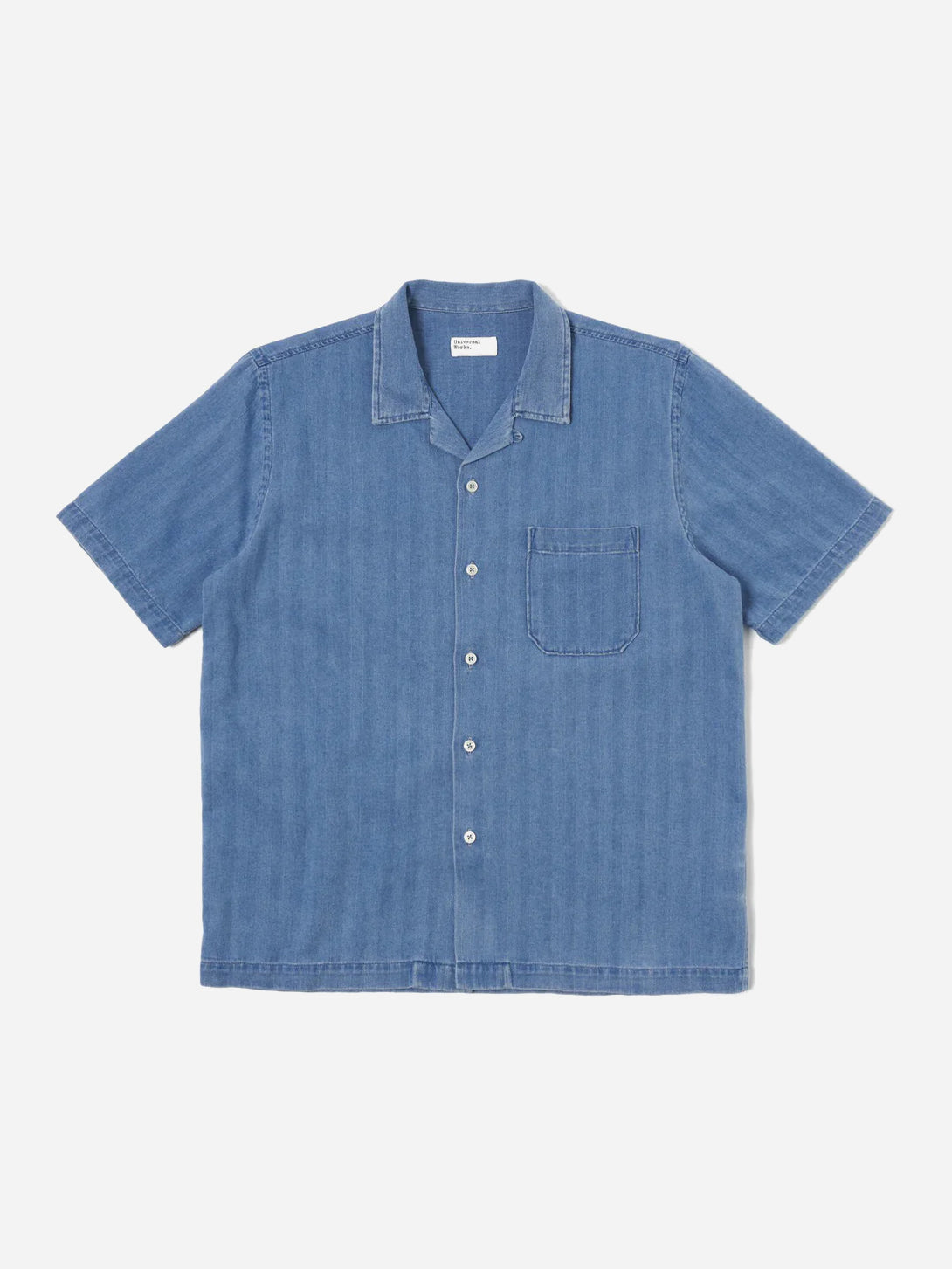 Herringbone Washed Indigo Road Shirt Mens Striped Camp Collar Shirt Universal Works 