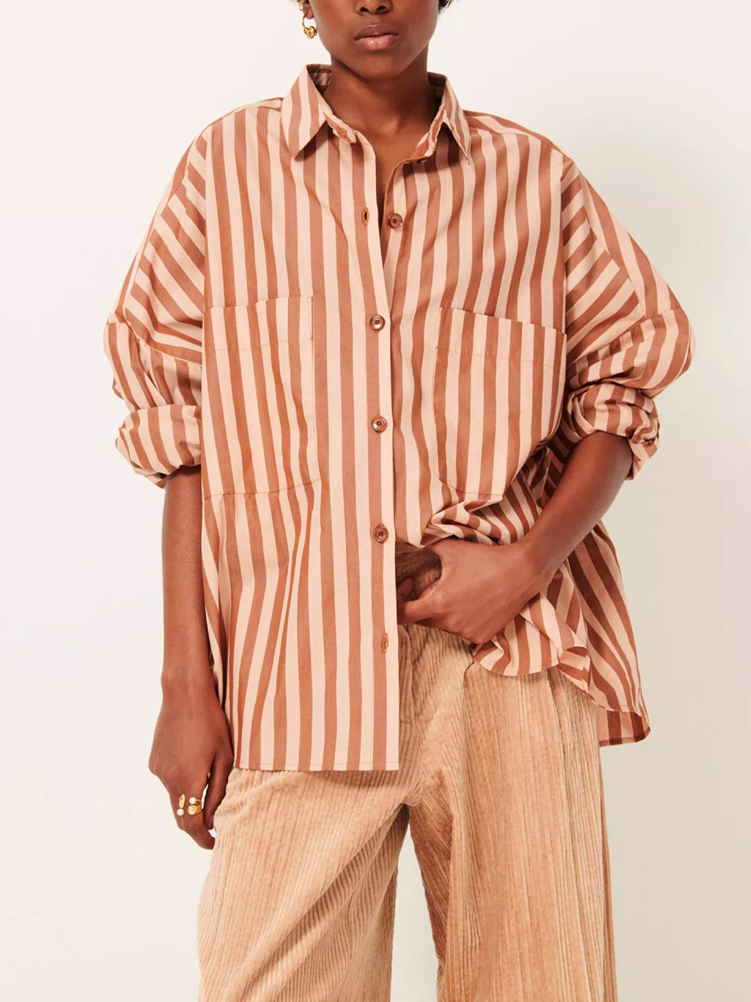 Toffee Blush Fontania Womens Sessun Striped Woven Overshirt Collared Long Sleeve Shirt 