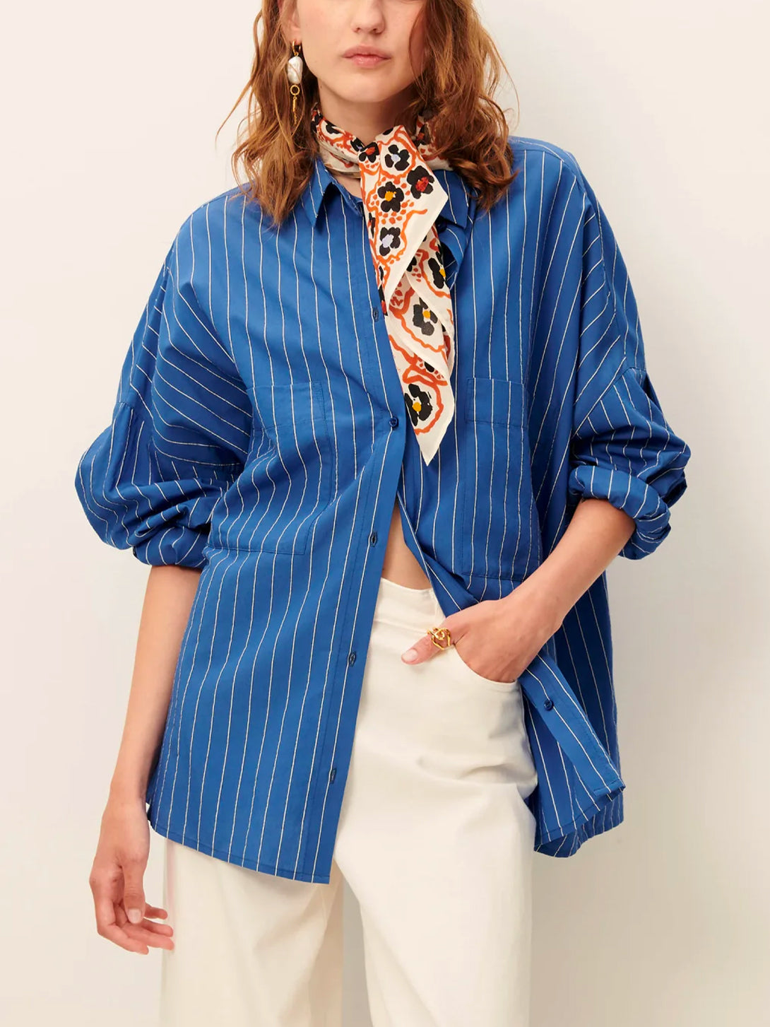Office Blue Fontania Womens Sessun Striped Woven Overshirt Collared Long Sleeve Shirt 