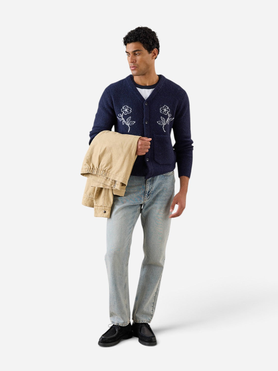 Navy Gibson Jacquard Cardigan Mens Graphic Cardigan Sweater Percival Clothing