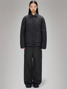Black Banja Liner Overshirt Rain Button Up Overshirt Black Collared Pockets Womens