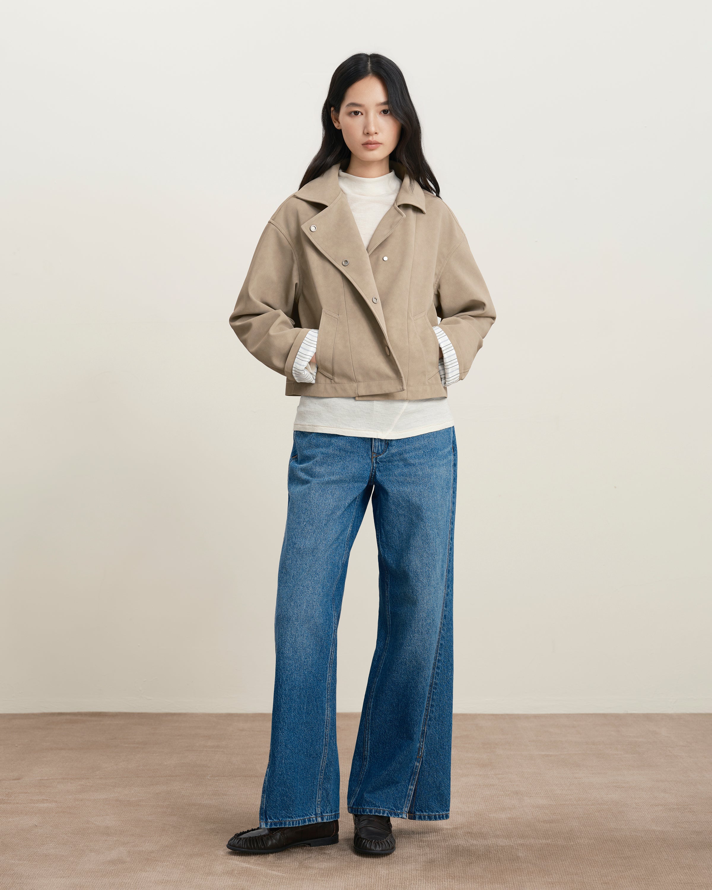 Oatmeal Faux Suede Worker Jacket Womens Cropped Collared Jacket Future Classics