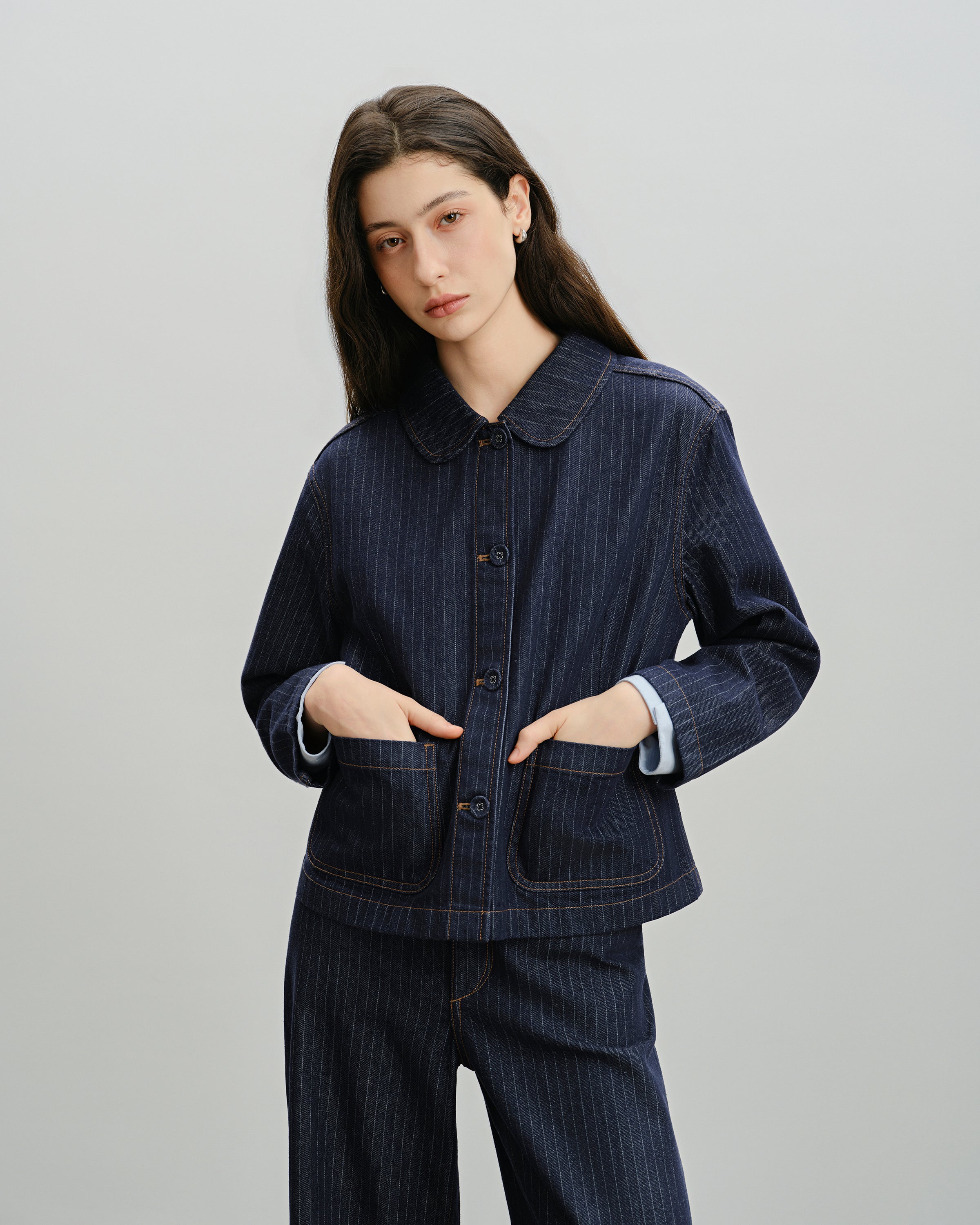 Dk Indigo Stripes Pinstripe Peter Pan Jacket Womens Denim Button Up Collared Jacket Future Classics Clothing