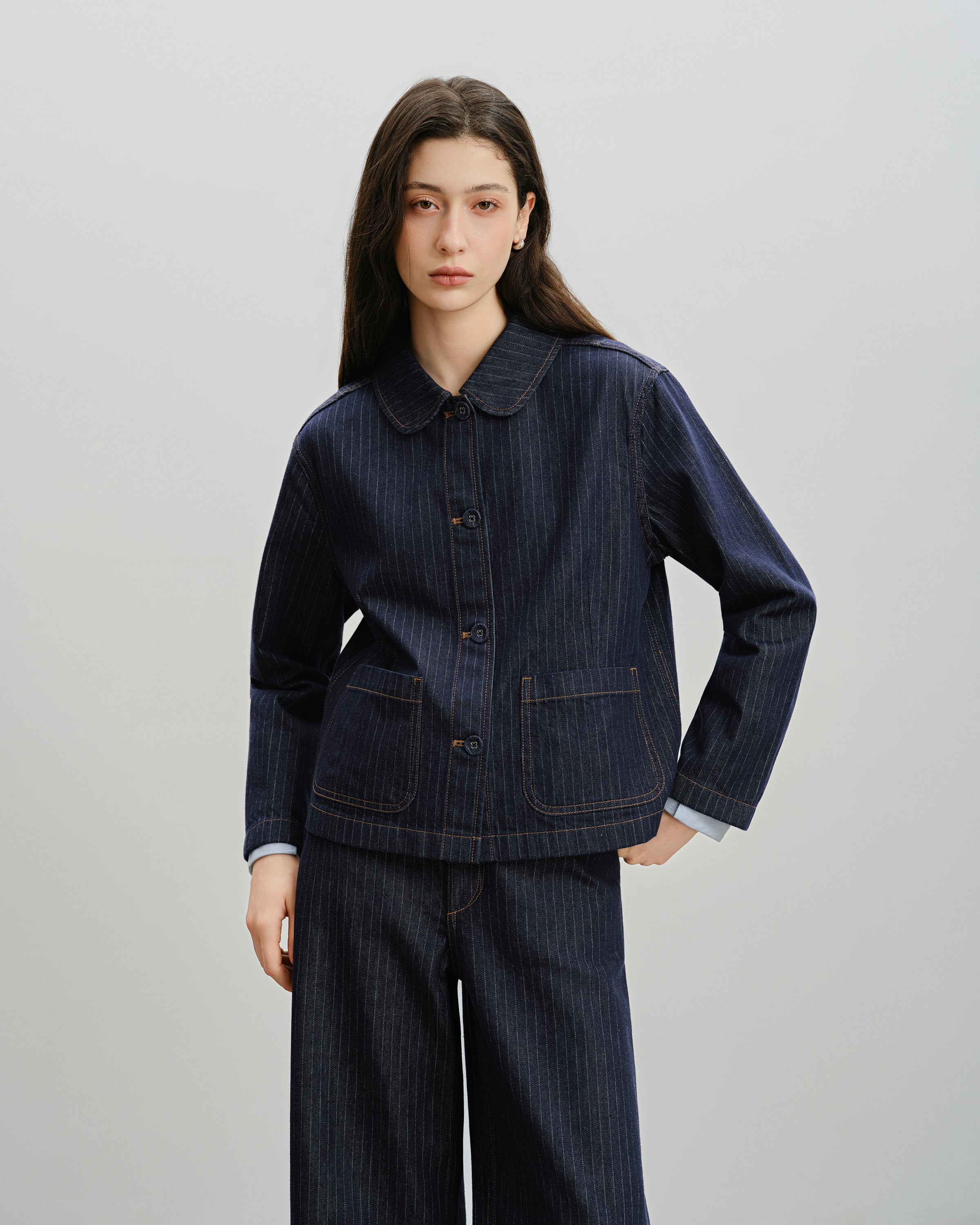 Dk Indigo Stripes Pinstripe Peter Pan Jacket Womens Denim Button Up Collared Jacket Future Classics Clothing