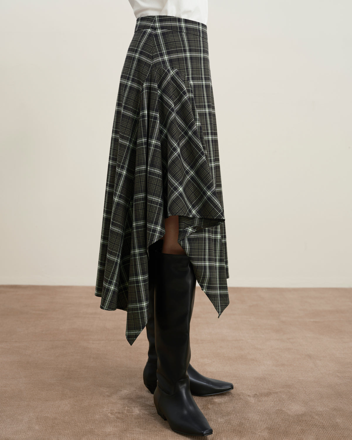 Forest Night Checks Plaid Asymmetric Drape Skirt Womens Plaid Long Skirt Future Classics 