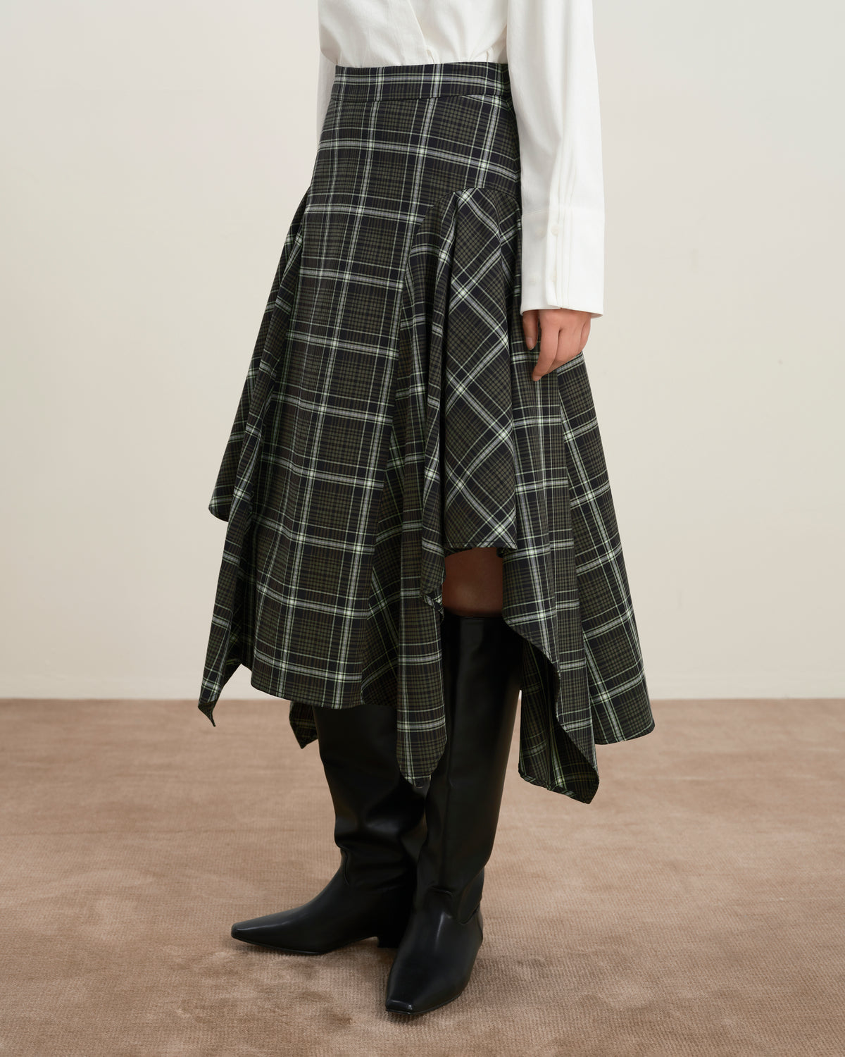 Forest Night Checks Plaid Asymmetric Drape Skirt Womens Plaid Long Skirt Future Classics 
