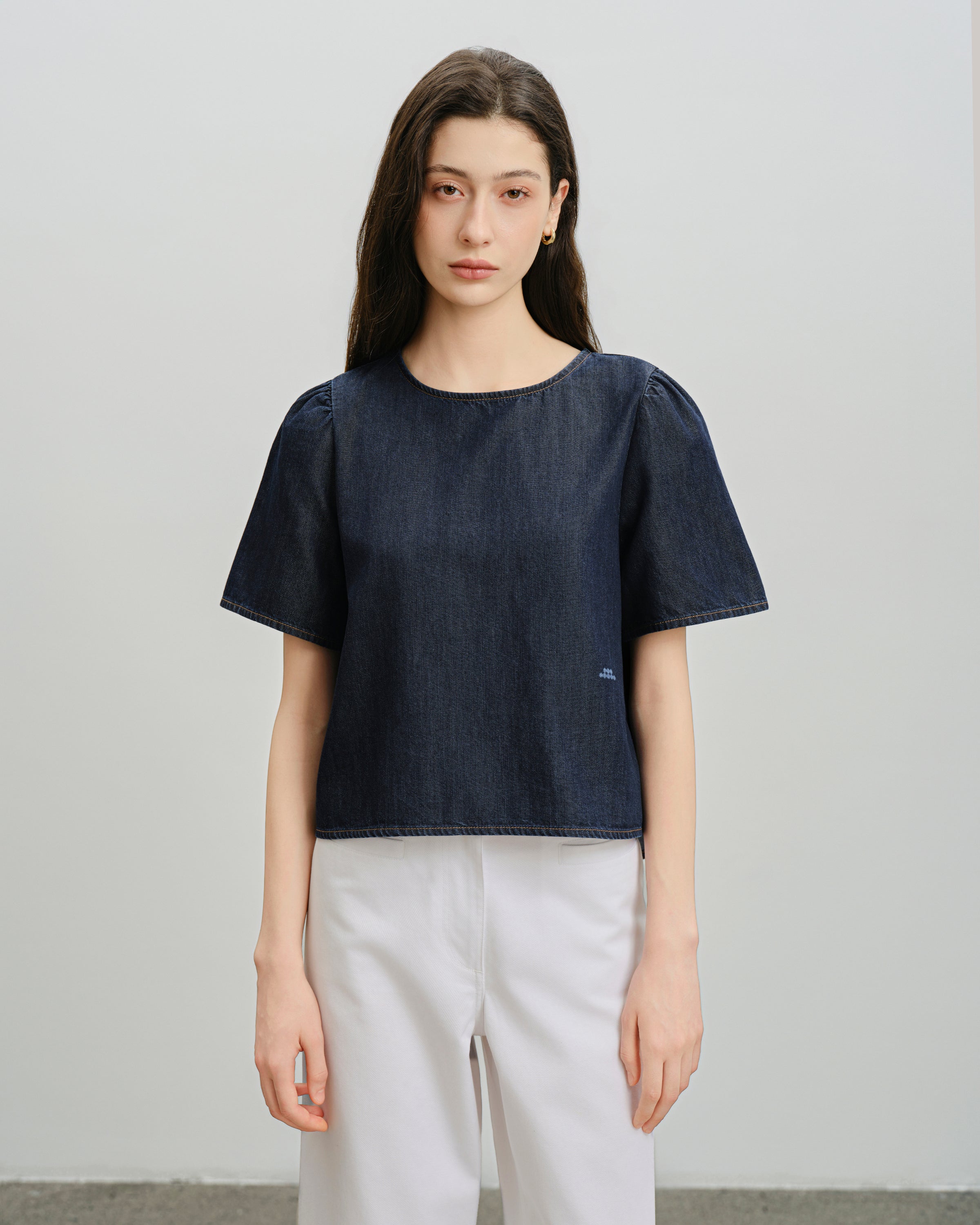 Dk Indigo Rinse Wash Puff Blouse Womens Short Sleeve Indigo Puff Sleeve Blouse Shirt Future Classics Clothing