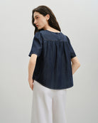 Dk Indigo Rinse Wash Puff Blouse Womens Short Sleeve Indigo Puff Sleeve Blouse Shirt Future Classics Clothing