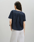 Dk Indigo Rinse Wash Puff Blouse Womens Short Sleeve Indigo Puff Sleeve Blouse Shirt Future Classics Clothing
