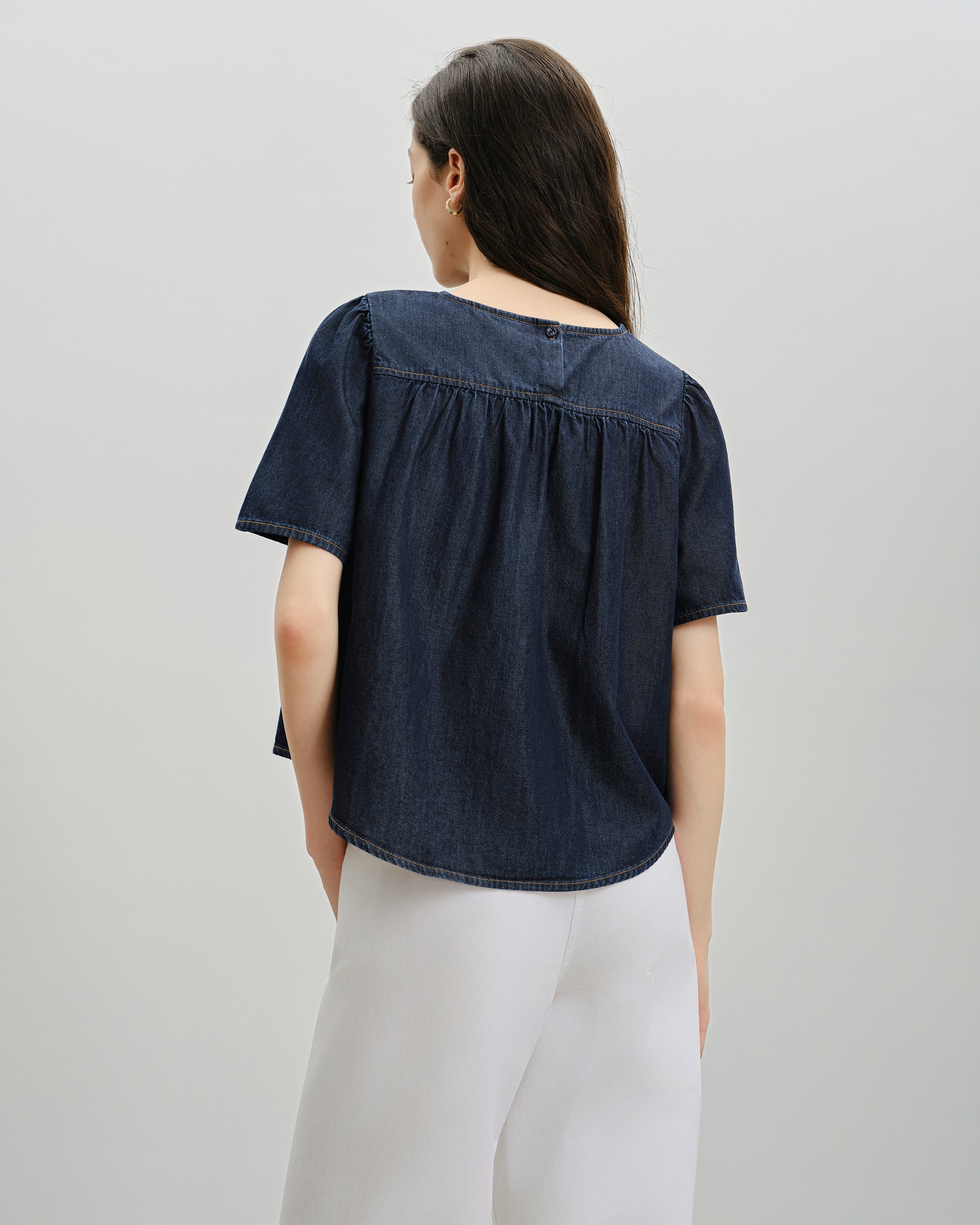 Dk Indigo Rinse Wash Puff Blouse Womens Short Sleeve Indigo Puff Sleeve Blouse Shirt Future Classics Clothing