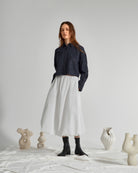 Dk Indigo Motif Sleeve Denim Shirt Womens Cropped Button Up Denim Shirt Long Sleeve Casual Collared Denim Shirt 