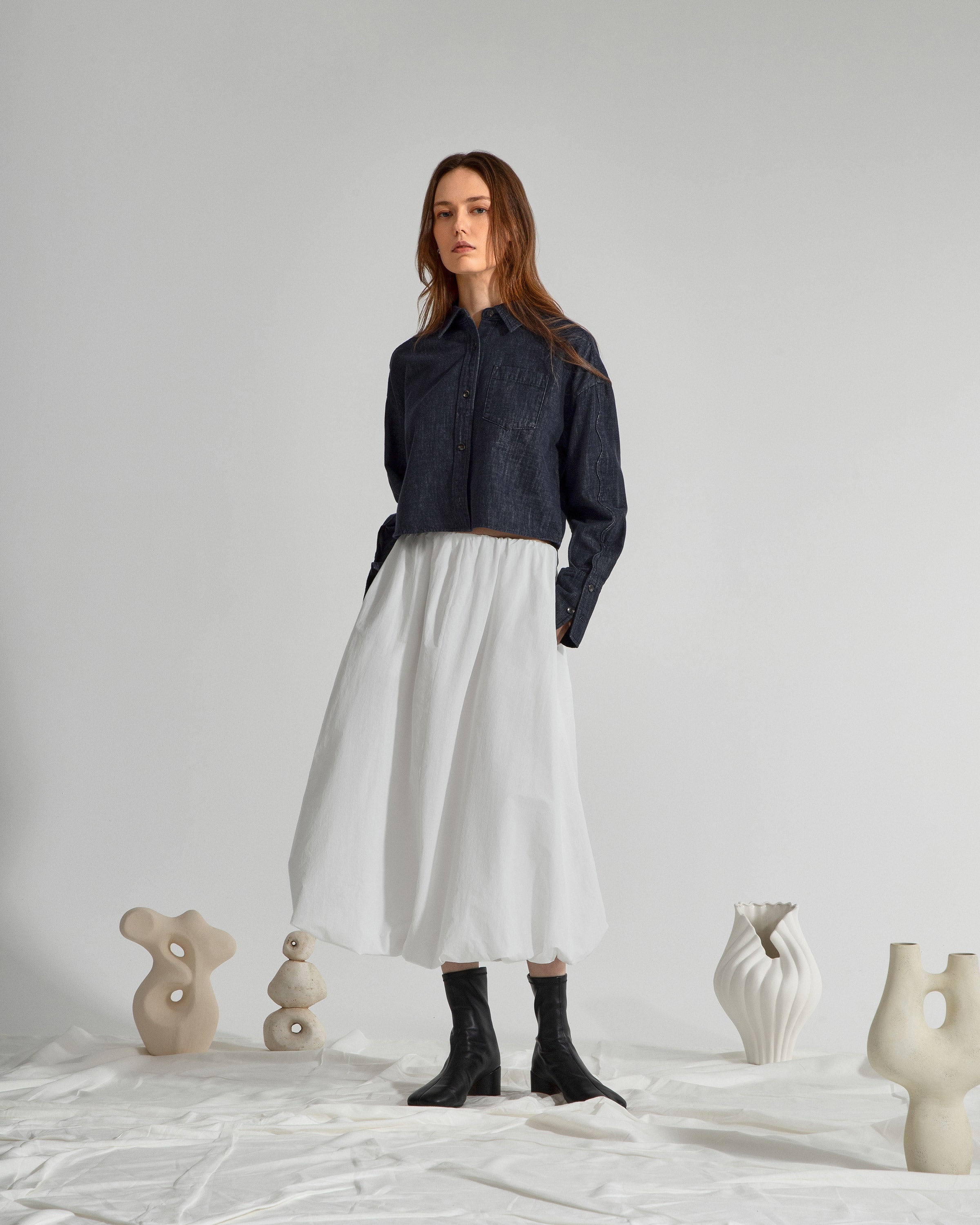 Dk Indigo Motif Sleeve Denim Shirt Womens Cropped Button Up Denim Shirt Long Sleeve Casual Collared Denim Shirt 