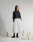 Dk Indigo Motif Sleeve Denim Shirt Womens Cropped Button Up Denim Shirt Long Sleeve Casual Collared Denim Shirt 