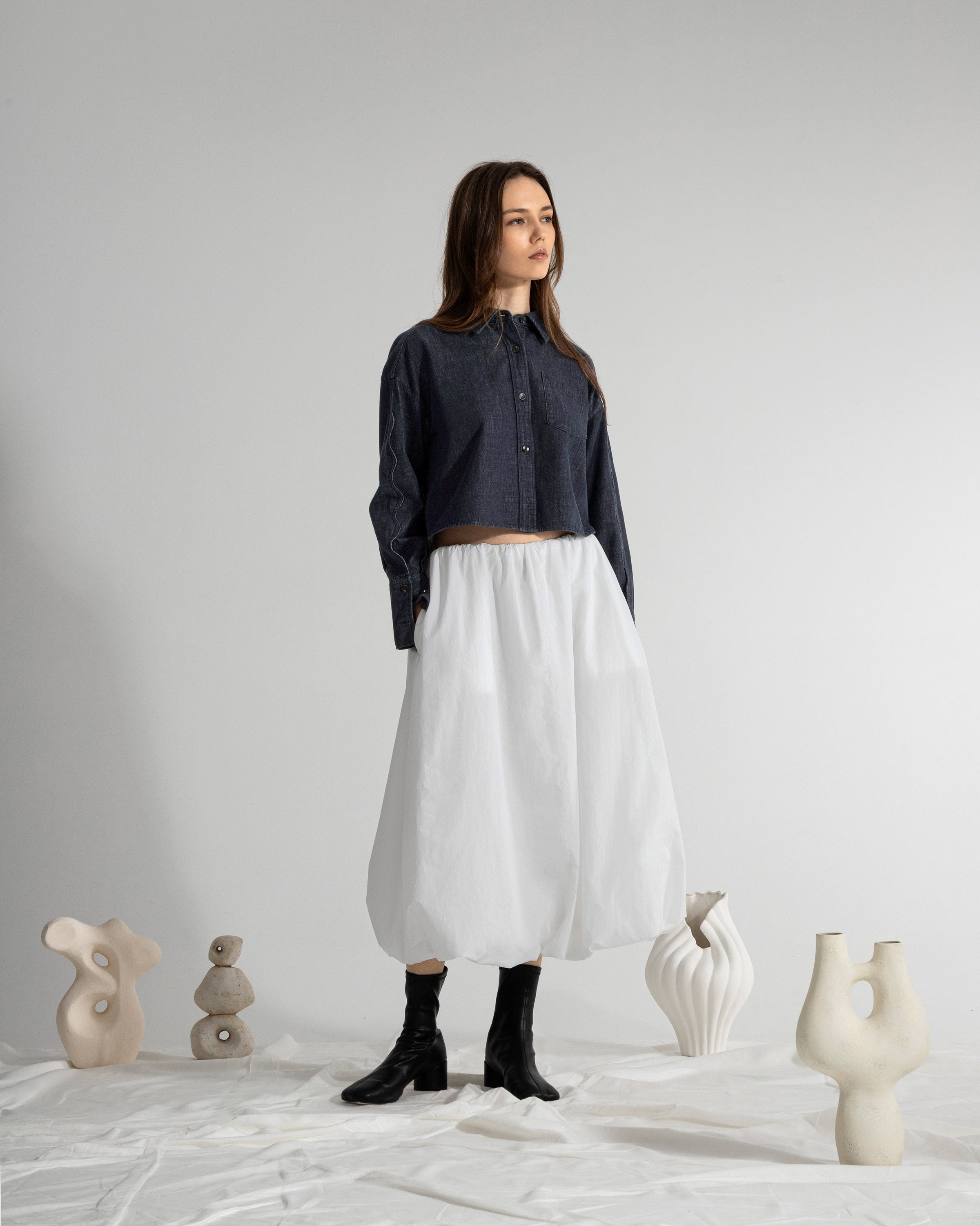 Dk Indigo Motif Sleeve Denim Shirt Womens Cropped Button Up Denim Shirt Long Sleeve Casual Collared Denim Shirt 