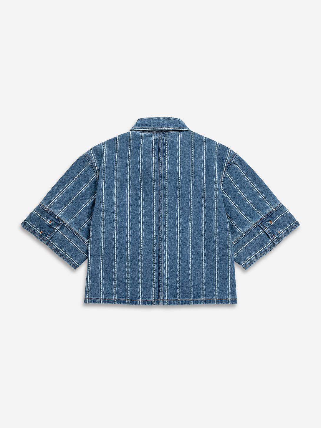 Mid Indigo Stripe Denim SS Jacket Womens Short Sleeve Cropped Denim Jacket Denim Outerwear Future Classics 