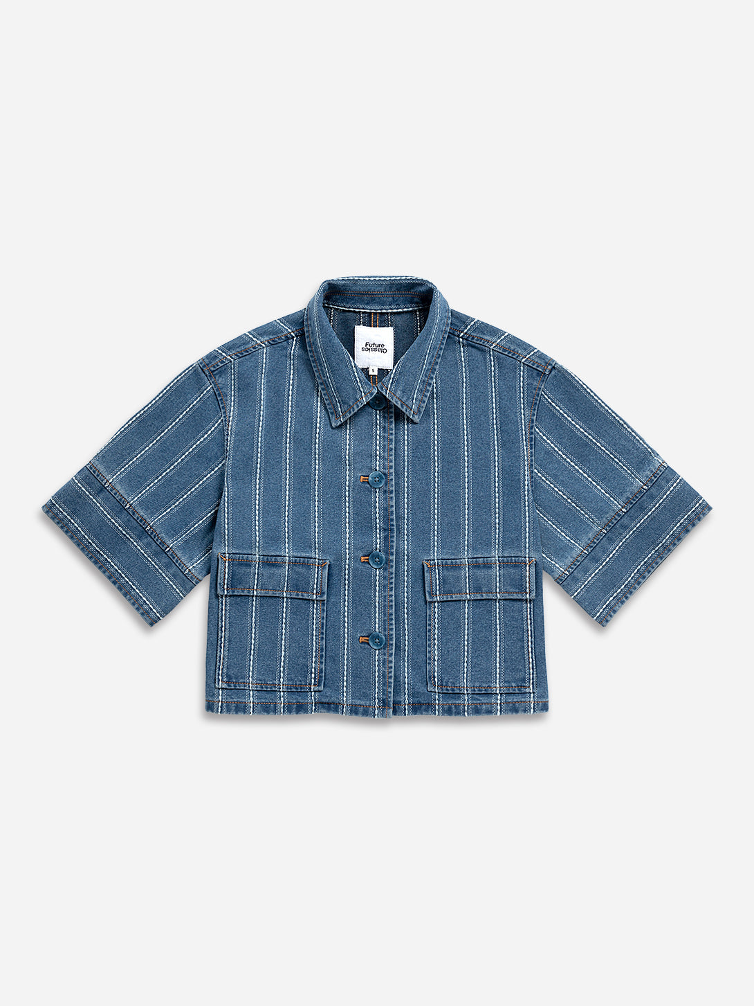 Mid Indigo Stripe Denim SS Jacket Womens Short Sleeve Cropped Denim Jacket Denim Outerwear Future Classics 