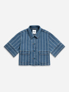 Mid Indigo Stripe Denim SS Jacket Womens Short Sleeve Cropped Denim Jacket Denim Outerwear Future Classics 