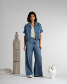 Mid Indigo Stripe Denim SS Jacket Womens Short Sleeve Cropped Denim Jacket Denim Outerwear Future Classics 