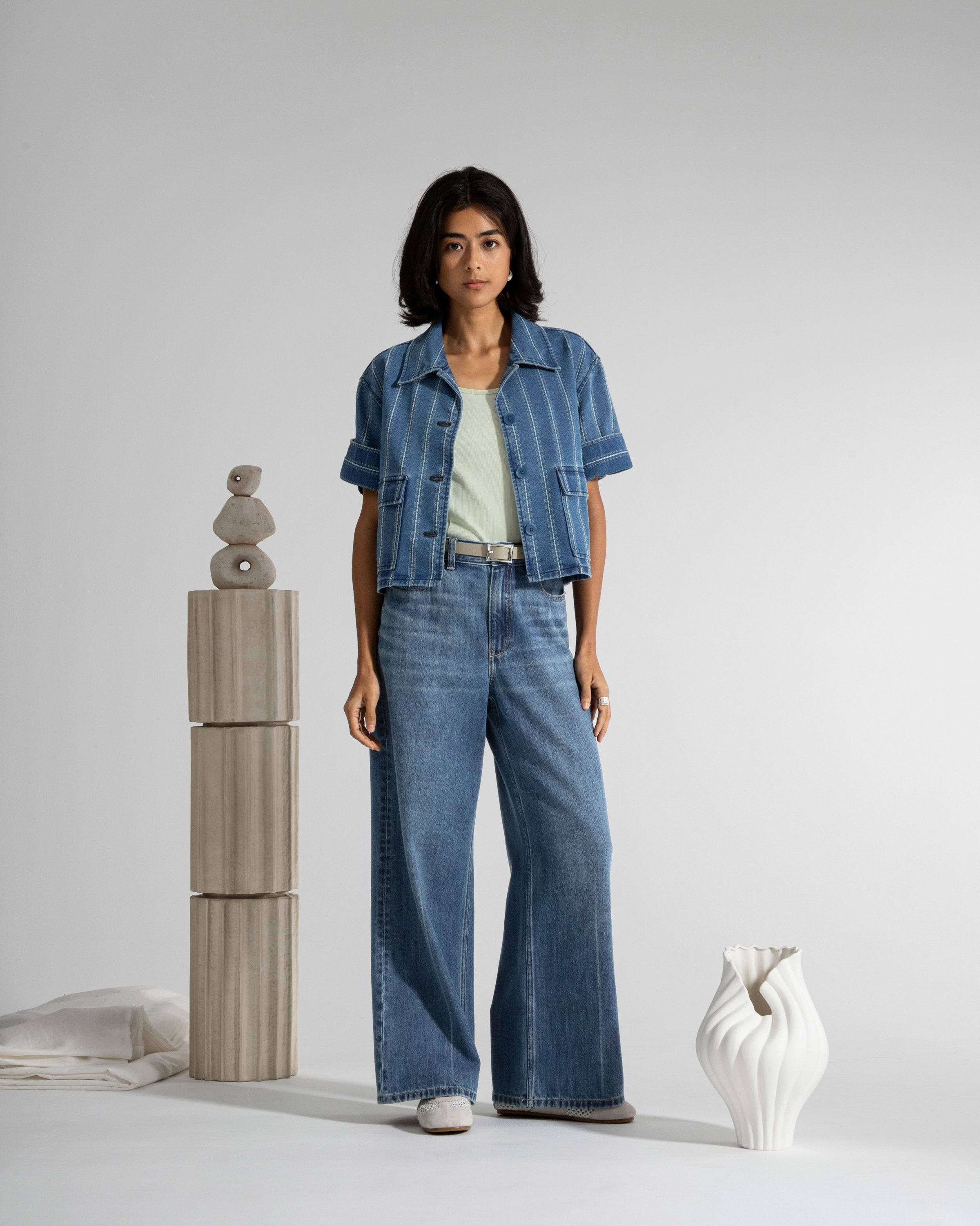 Mid Indigo Stripe Denim SS Jacket Womens Short Sleeve Cropped Denim Jacket Denim Outerwear Future Classics 