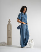 Mid Indigo Stripe Denim SS Jacket Womens Short Sleeve Cropped Denim Jacket Denim Outerwear Future Classics 