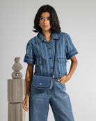 Mid Indigo Stripe Denim SS Jacket Womens Short Sleeve Cropped Denim Jacket Denim Outerwear Future Classics 