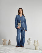 Mid Indigo Motif Sleeve Denim Jacket Womens Denim Lightweight Outerwear Denim Jacket V Neck Denim 