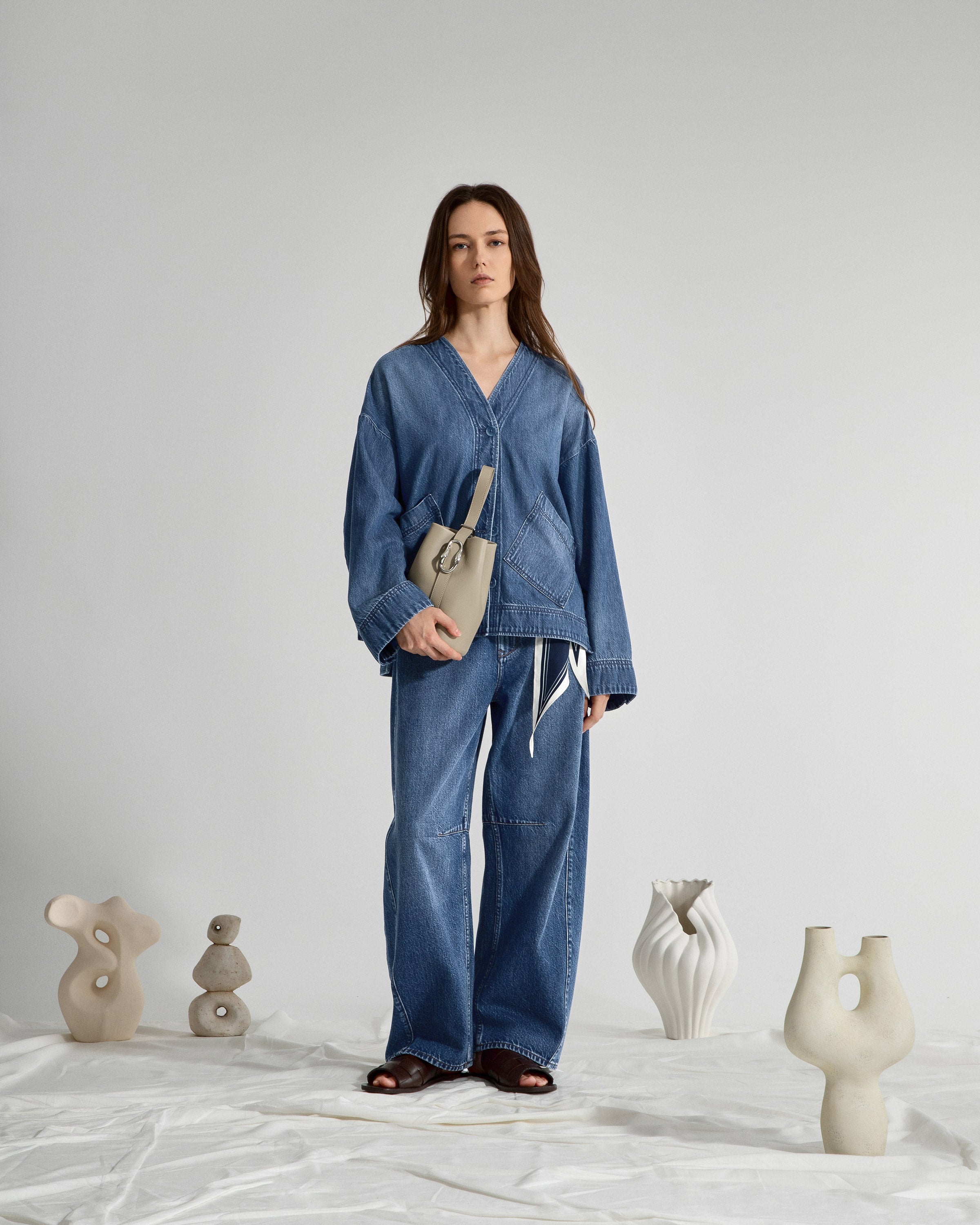 Mid Indigo Motif Sleeve Denim Jacket Womens Denim Lightweight Outerwear Denim Jacket V Neck Denim 