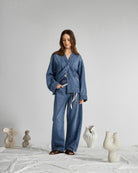 Mid Indigo Motif Sleeve Denim Jacket Womens Denim Lightweight Outerwear Denim Jacket V Neck Denim 