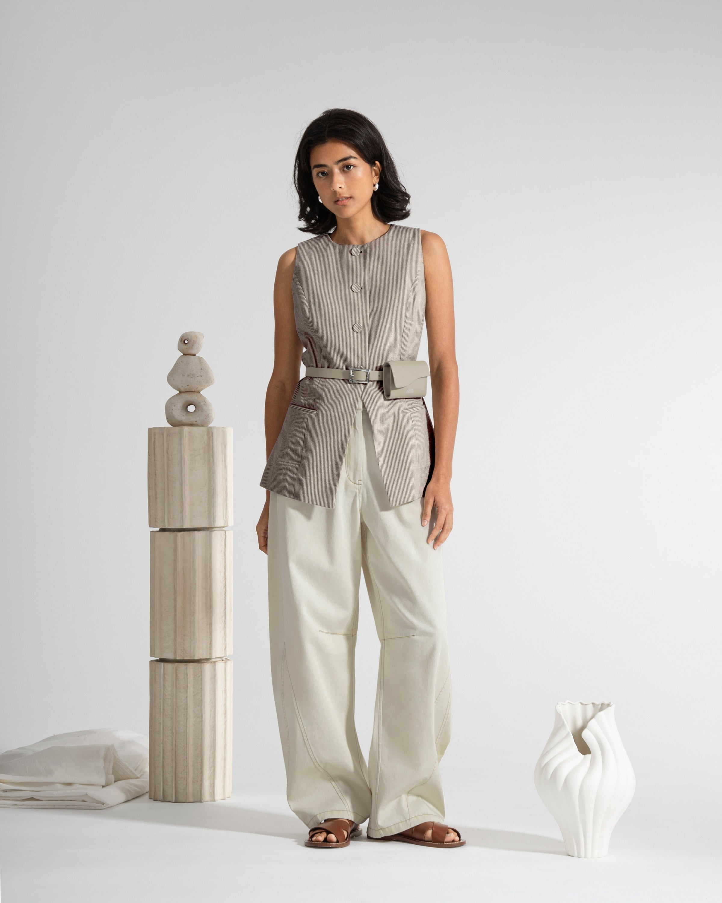 Desert Sand Stripe Striped Waistcoat Womens Long Vest Striped Future Classic Clothing